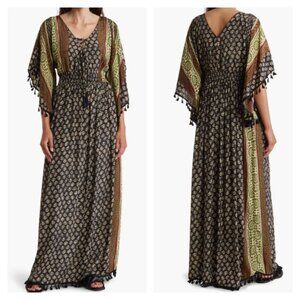 Anthropologie Raga Maxi Dress Boho Tassel Indian Block Print Sz S Kaftan Style